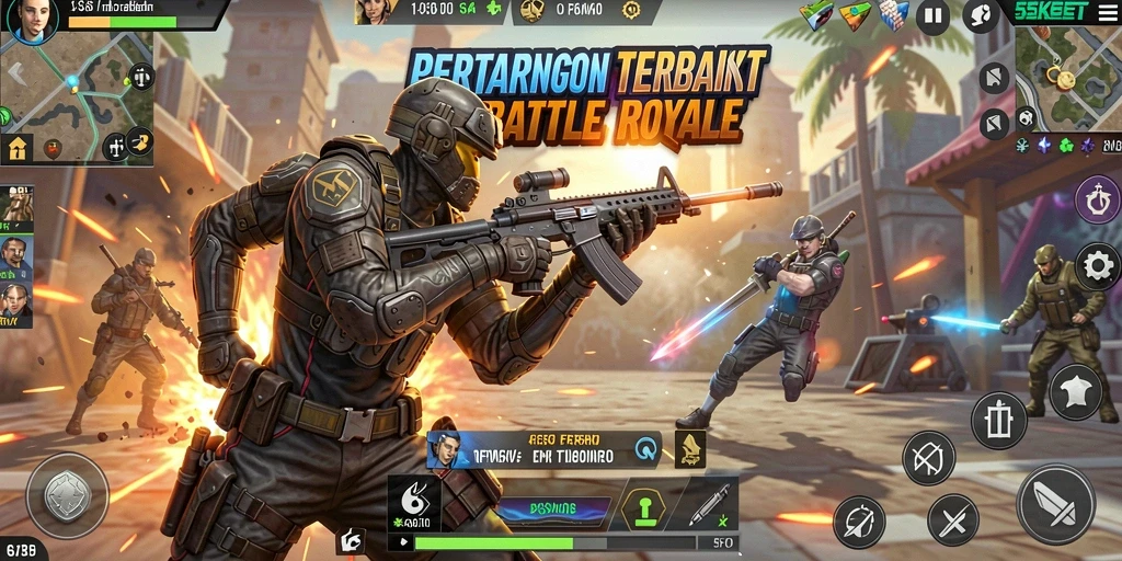 Screenshot 55KBET menampilkan aksi intens dari gameplay Battle Royale.