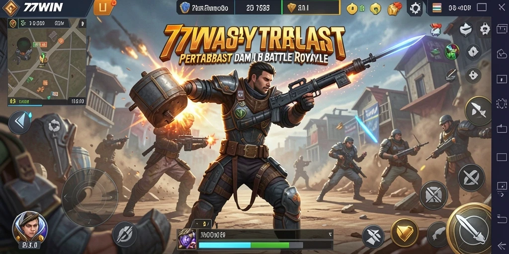 Screenshot gameplay 77WIN menampilkan aksi pertempuran yang intens di arena Battle Royale.