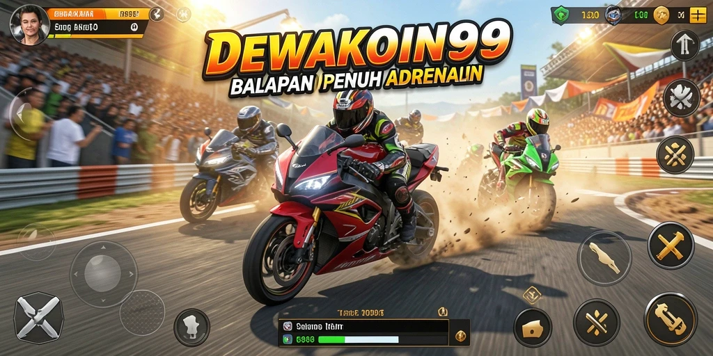 Screenshot gameplay DEWAKOIN99 menampilkan aksi balapan motor yang mendebarkan.