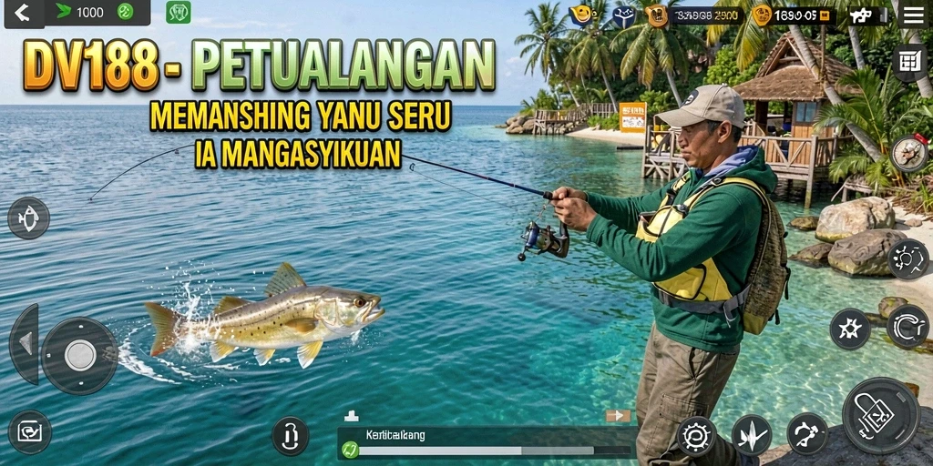 Screenshot menunjukkan pemain menangkap ikan megah dalam suasana alam yang indah.