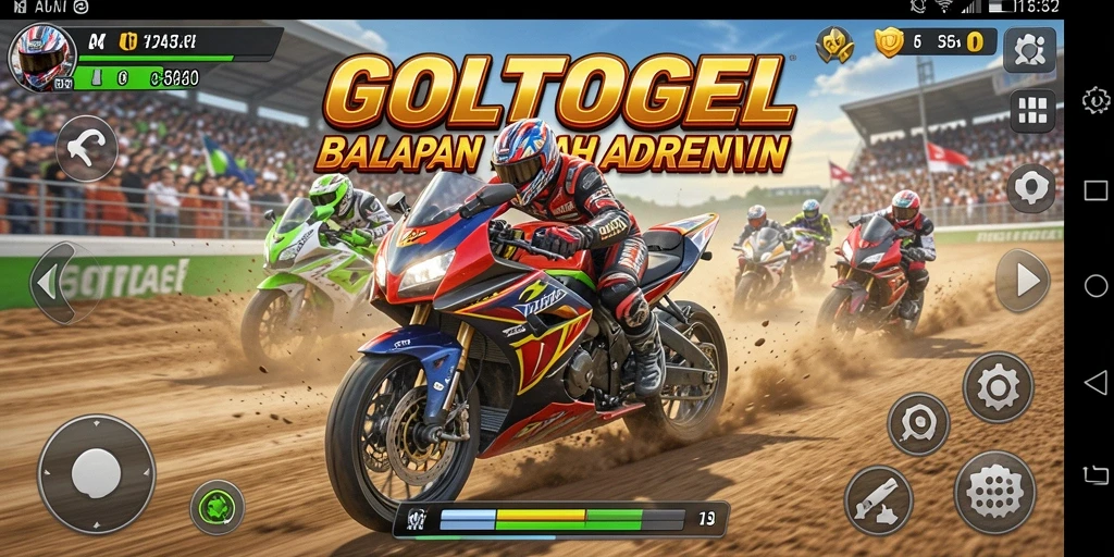 Tampilan seru gameplay GOLTOGEL dengan balapan motor yang mendebarkan.