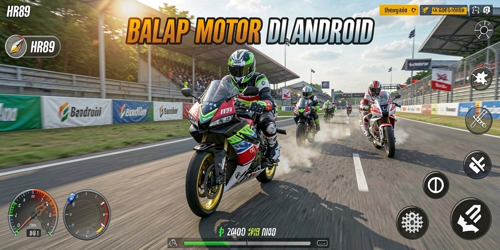 Screenshot gameplay HR89 menampilkan balapan motor yang cepat dan mendebarkan.