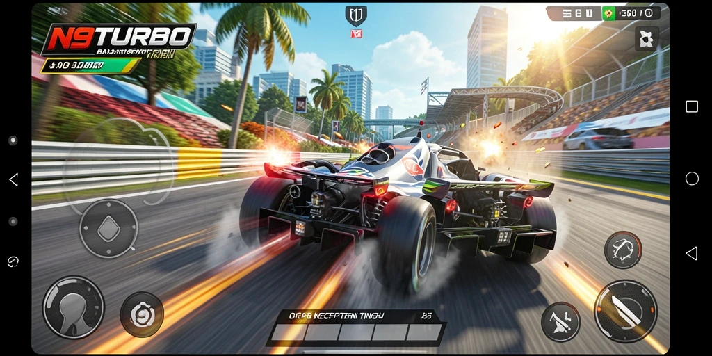 Tampilan gameplay N9TURBO yang menegangkan di trek balapan.