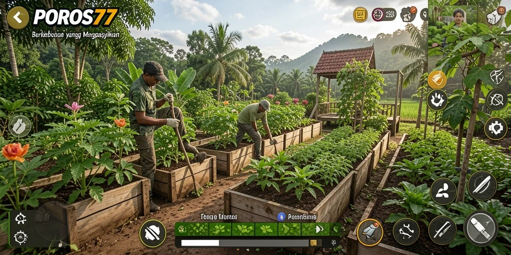 Gameplay Farming yang seru di POROS77 dengan ladang yang subur.