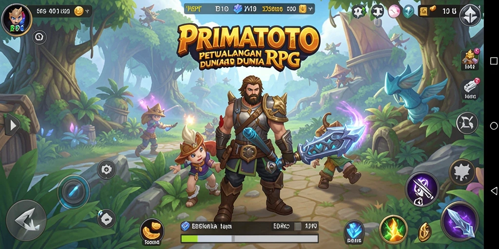 Screenshot PRIMATOTO menunjukkan pertarungan seru dalam dunia RPG yang epik.