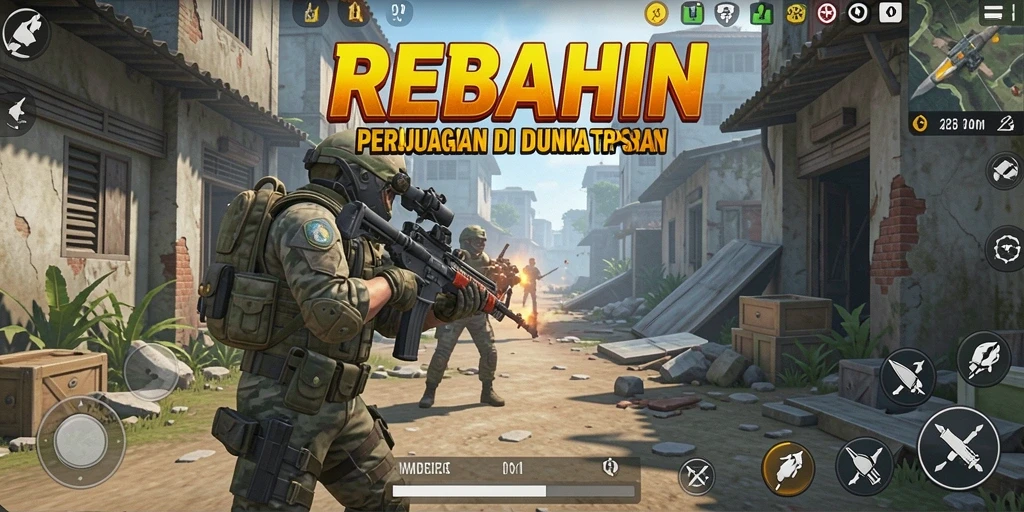 Tangkapan layar gameplay REBAHIN dengan aksi menegangkan di medan perang.