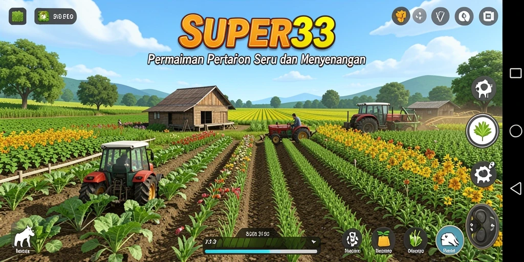 Tangkapan layar gameplay SUPER33 menampilkan aktivitas pertanian yang seru dan dinamis.