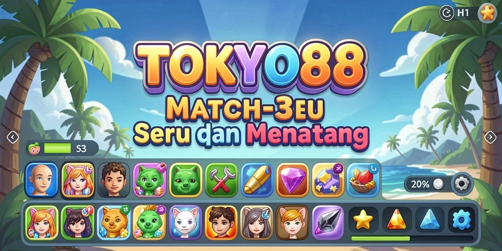 Screenshot utama menunjukkan gameplay seru dalam mencocokkan permata.